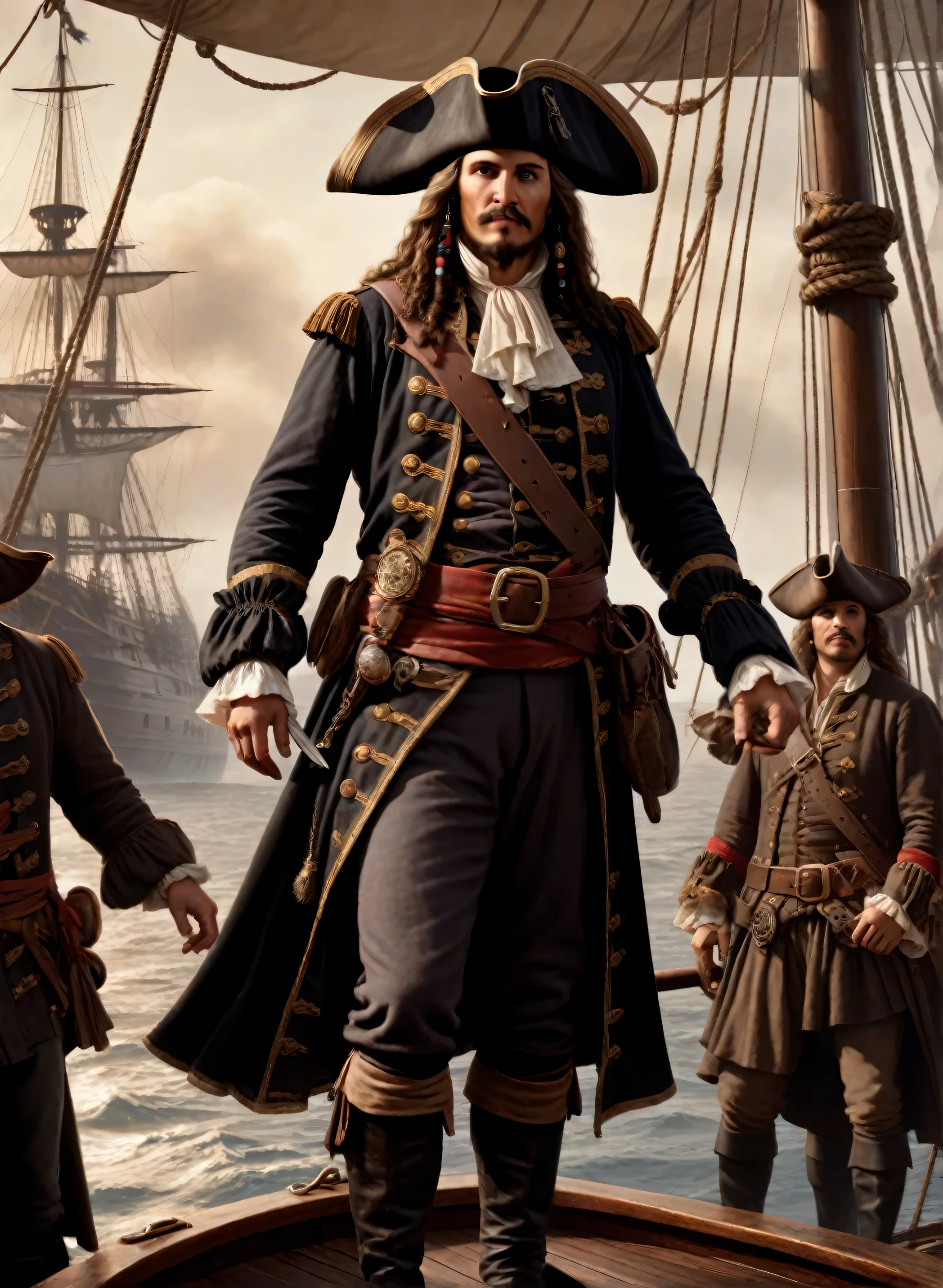 An antique engraving of Olivier Levasseur, a pirate with a piercing gaze and a menacing look, standing on the deck of his ship, surrounded by his acolytes. (highest quality, 4k, masterpiece, stunning details:1.1)