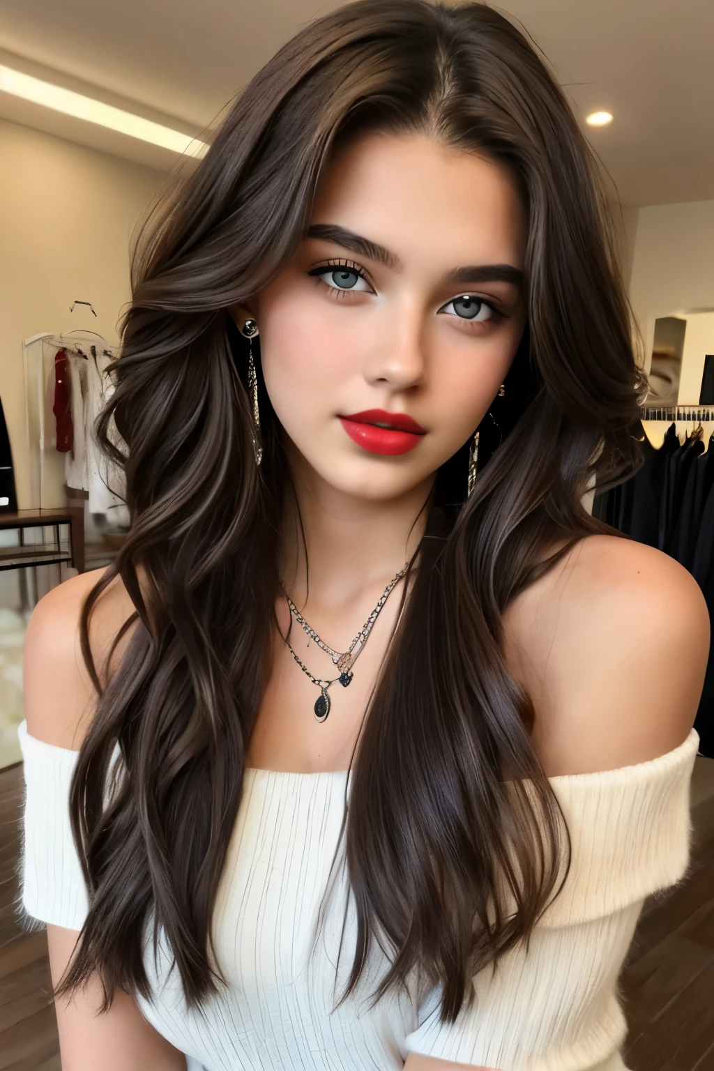 1 Girl, 18 Years Old, Solo, Model, Long Hair, Huge,
looks at the viewer, full face,
brunette, bare shoulders, brown eyes, jewelry, red lips, big lips, full body, necklace, earrings, off shoulder, realistic, AI sexy