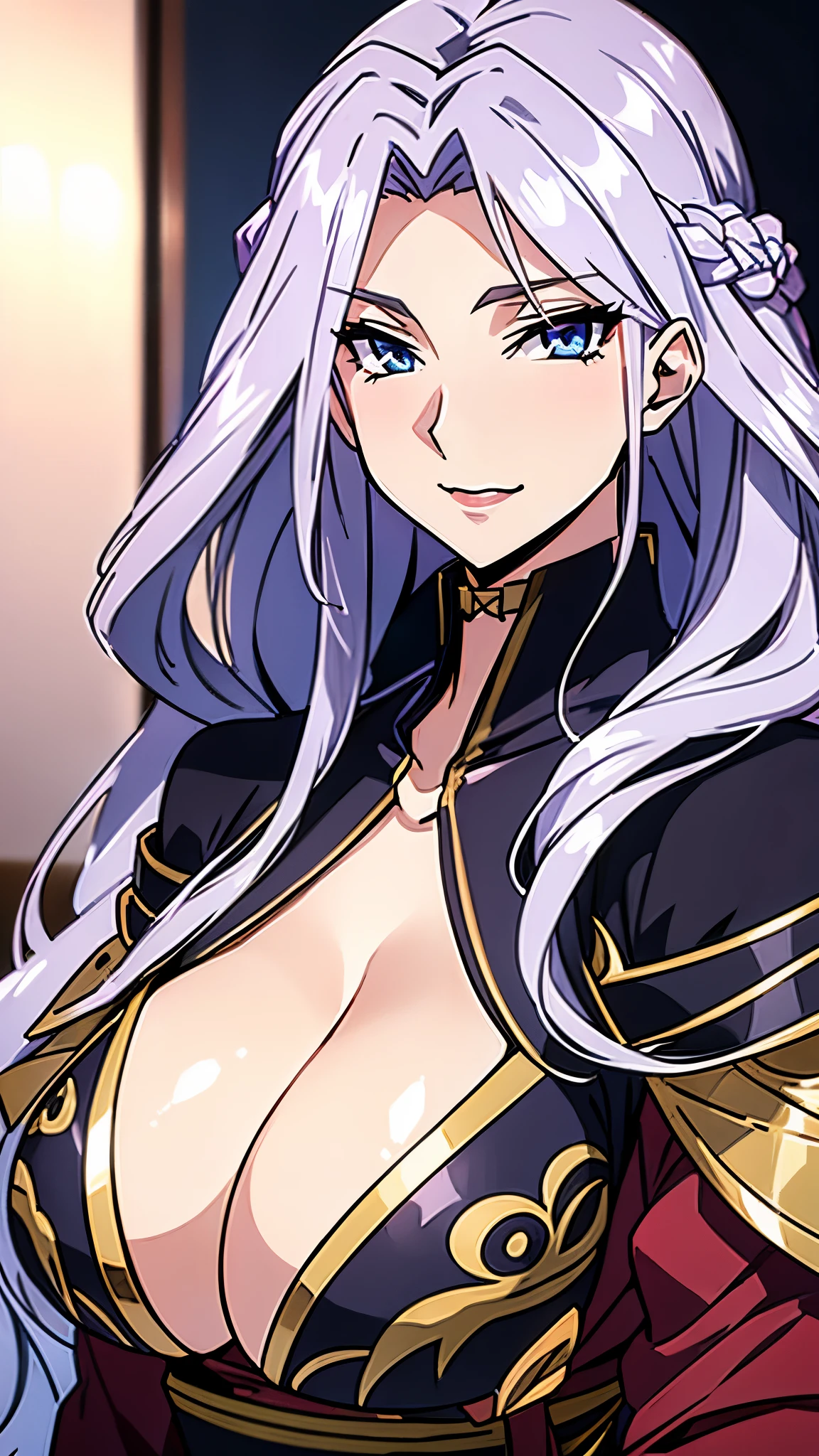huge tits, smile, busty, kimono, cleavage, silver hair, blue eyes, long hair, milf, upperbody,