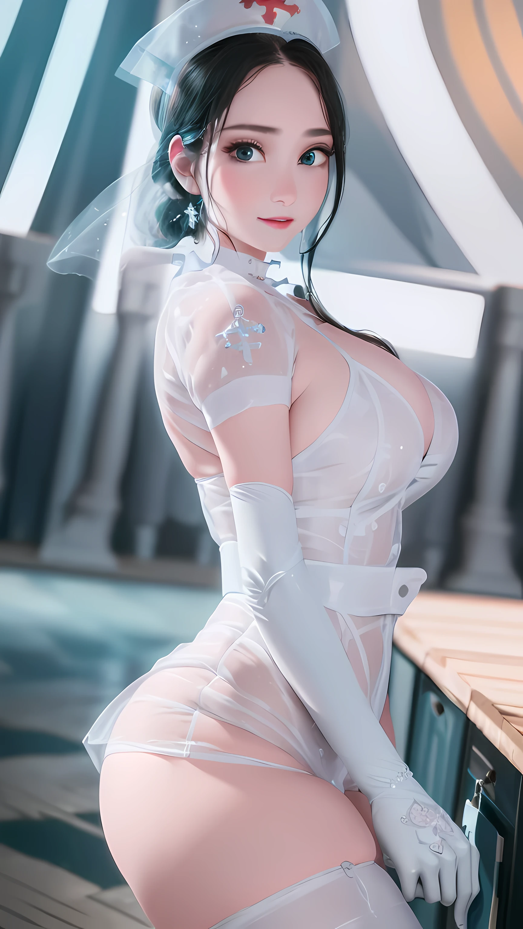 ruanyi0124, choker, id card, thong, see-through, nurse, nurse cap, white bra, garter straps, white dress, elbow gloves,(masterpiece:1.4), (best qualit:1.4), (high resolution:1.4), elsa of arendelle, smile,looking at viewer, hands at side, big breasts, with a pearl collar at neck, earrings, (realistic:1.2), (realism), (masterpiece:1.2), (best quality), (ultra detailed), (8k, 4k, intricate),(85mm),light particles, lighting, (highly detailed:1.2),(detailed face:1.2), (gradients), colorful,(detailed eyes:1.2)(detailed background),detailed landscape, (dynamic angle:1.2), (rule of third_composition:1.3), (Line of action:1.2)
