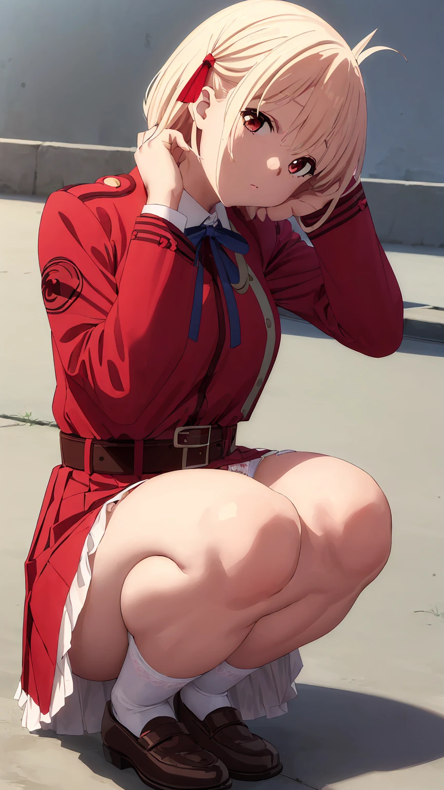 masterpiece, highest quality, High resolution, chisato Nishikigawa, 1 girl, shirt, long sleeves, dress, ribbon, white shirt, collared shirt, belt, neck ribbon, red dress, blue ribbon, pleated dress, grey dress, two-tone dress, red belt, lycoris uniform, (full body), (squatting:1.3), lace white panties, (Showing panties:1.3), (Put your hands on your head :1.5), Outdoor