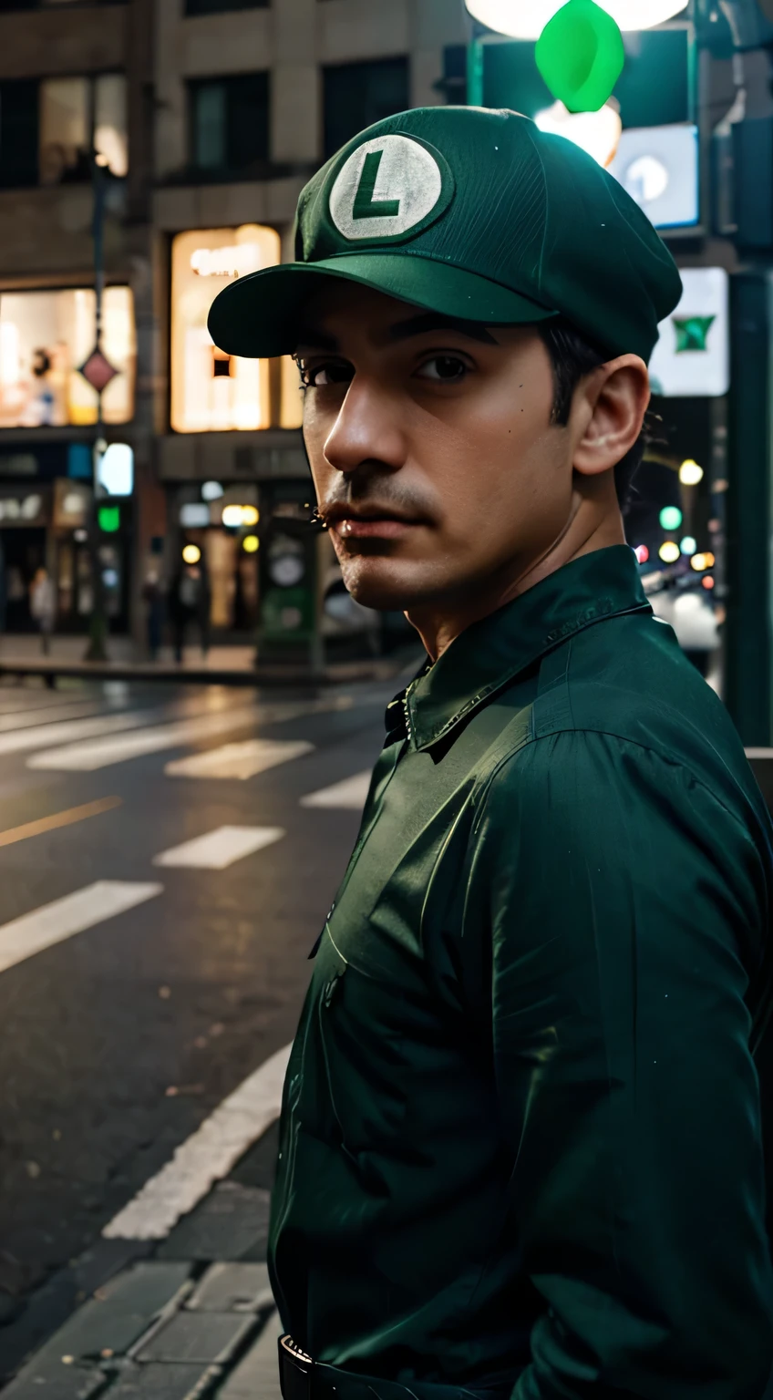 masterpiece, highest quality, Very detailed, Hyper Real, ((Luigi Brothers)), Perfect Face, Front view, Cinematic lighting, whole body, (Green hat), In the middle of the traffic lights