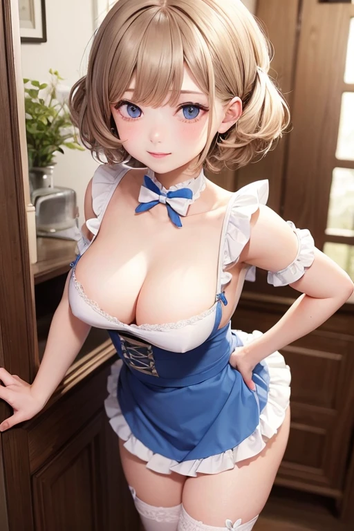 nsfw, 1 girl, medium breasts, white frilly apron, pixie cut, curly hair, Light brown hair, blue eye