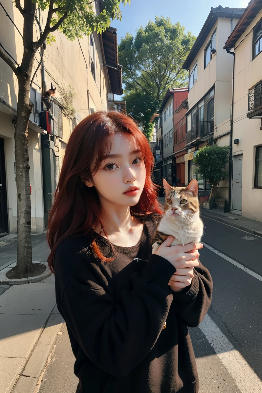 ((best quality)), ((masterpiece)), (detailed), perfect face, Close up of person holding cat on street, Best Face, with red hair, Doyoung Kim, Jinyoung Shin, very beautiful cute cat, random pose, Highly detailed cat expression,