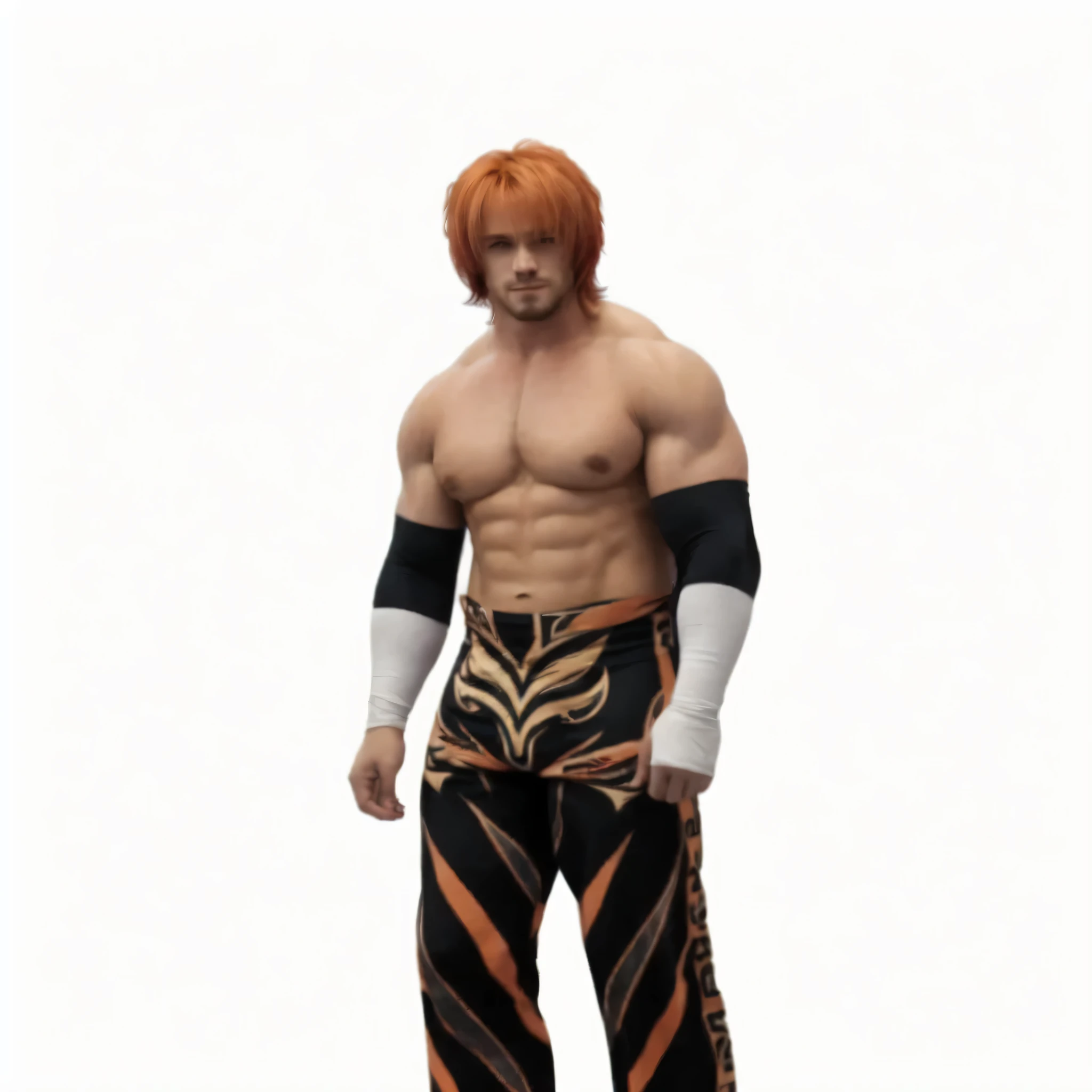 bodybuilder man with a wrestling outfit, orange hair