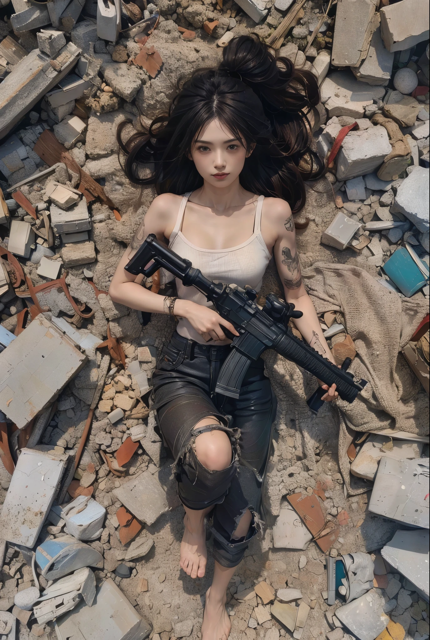 Photorealistic、Realistic skin texture、Automatic rifle、Sharp focus、Tattoo、Dirty、rubble