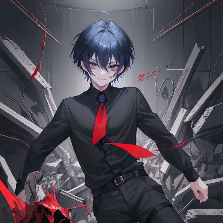 Look like 19yr man
dark blue hair color
Pure black Eye color beautiful eye but soulless eye
Short Hair look like a anime girl but he is a boy
Holding a knife with blood on it and look like want to attack while point and look crazy while point at you in the dark and foreshadowing face
Silent face and don't show emotions and look dead inside but kindly Crying smile while Accept his fate death in the death while saying his last word,
Blood all over his hair face and outfit
Background in the destroyed broken Spaceship at outing space
Black outfit with tie and wear long pants main color is dark blue and the gender is male