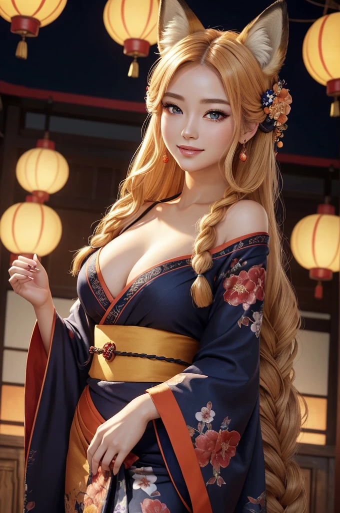 (Masterpiece, best quality, ultra-detailed), A portrait of a radiant adult woman with a warm smile directed at the viewer. Her blonde hair is straight and styled into a prominent French braid that drapes over her left shoulder. Her eyebrows are small and refined, complementing her captivating purplish-blue eyes with bold red eyeshadow applied generously at the bottom of her eyes. Her facial features are delicate and finely shaped, with a small, refined nose and full lips. No human ears are present, only large and tall fluffy fox ears in vibrant orange with black tips. A striking red flower is prominently displayed within her braid. She wears a wide traditional blue yukata adorned with intricate floral patterns, enhancing her ethereal allure reminiscent of a Manhwa mom((Manhwa mom)), Her figure is accentuated by large hips, and she is depicted as a regal fox queen with 9-tails, ensuring the tails are visible and elegantly arranged. The resolution is set to 8k to capture all the ultra-detailed features. Her bust is large, and the background features a vibrant Chinese New Year celebration, complete with lanterns, fireworks, and traditional decorations, creating a beautiful scenery, (Ensure no human ears, only fox ears are generated)