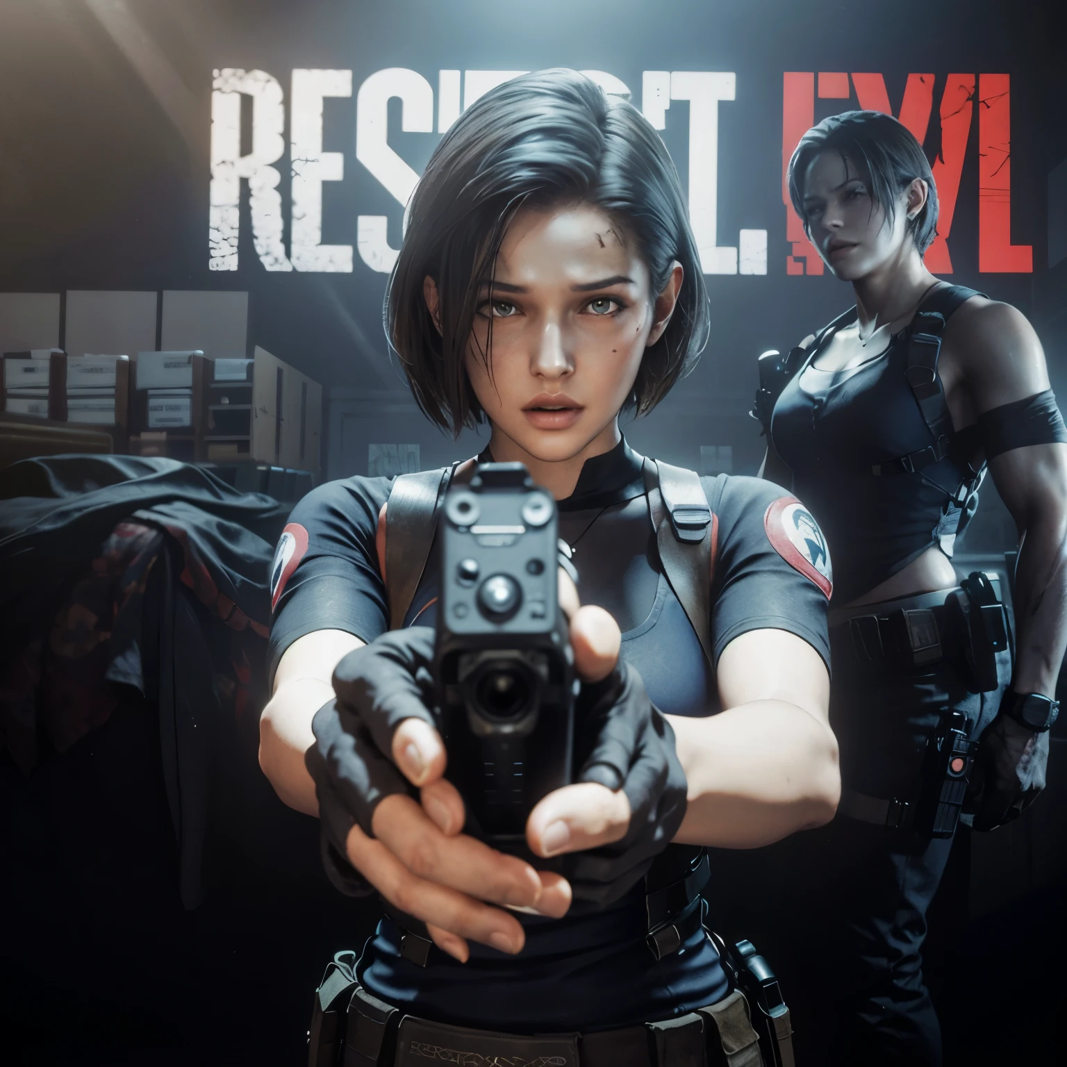 Resident Evil is a game that is being played on the wii, glamorosa Jill Valentine, background of Resident Evil game, Resident Evil, Resident Evil inspired, Resident Evil 1, 8k portrait rendering, Resident Evil 7, com pistola, promo art, Cinematic bust shot, Ellen Ripley, armas realistas, protagonista feminina 👀 :8, jogo cg, capa de um novo videogame