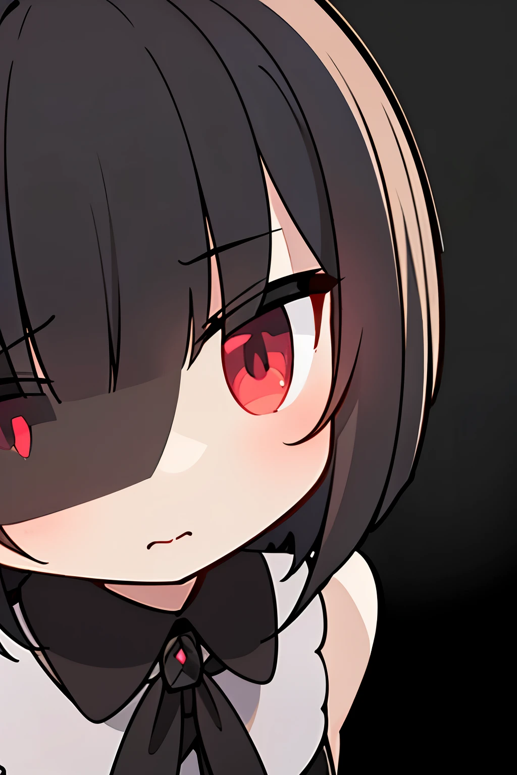 best quality, super fine, 16k, incredibly absurdres, extremely detailed, a flash of lightning, a momentary glimpse of a cute girl with a bob haircut, expressionless, eyes glowing red, a bust-up portrait, dark fantasy, horror, a pitch-black Western-style mansion