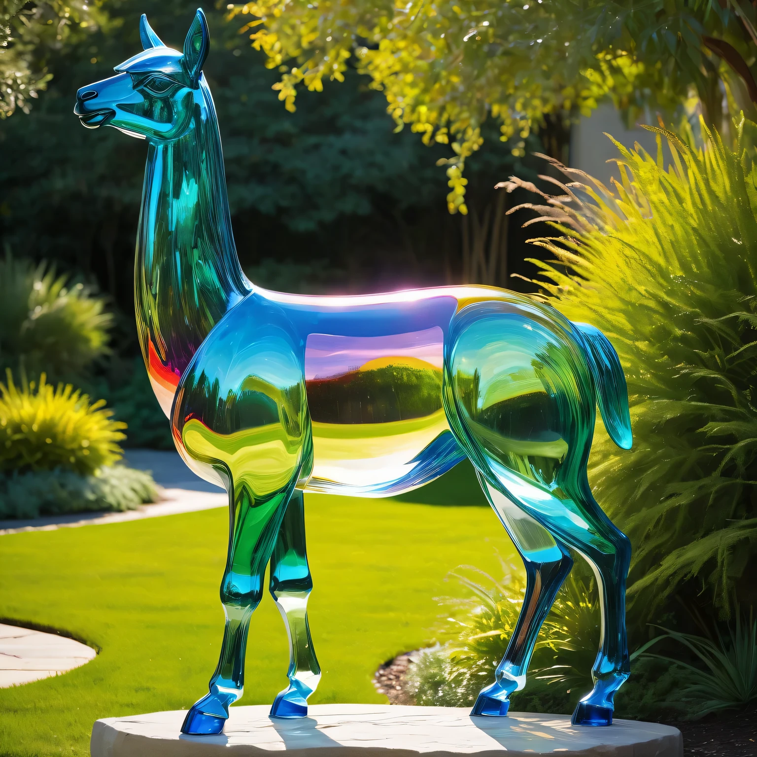 vibrant colors glassy llama sculpture,shattered reflections,sunlight,crisp details,sparkling surface,modern art,translucent material,abstract,sculpture garden,dynamic pose,unique form,ethereal,graceful lines,dreamlike atmosphere,bright shadows,curved contours,playful,contemporary masterpiece,luminous,subtle textures,splintered light,harmonious composition,dappled sunlight,smooth curves,imaginative,youthful spirit,sculptural textures,glowing,lyrical motion,delicate balance,emerging from nature,serene expression,fluid shapes,dynamic mix of transparency and opacity,straight edges,intertwined glass,mesmerizing,detailed craftsmanship,lively presence,marvel of precision,artistic marvel,modern symphony