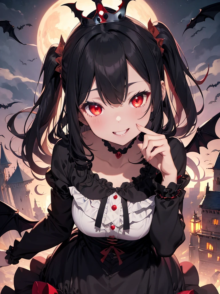 One Girl,Fantasy Demon King Black Tiara Black and Red Long Layered Ruffled Dress Long Sleeves,cute,:3,Dracula&#39;background castle、Night Scenery、Flying bats、Inappropriate smile、Finger prick、mummy man、Blowing a Kiss