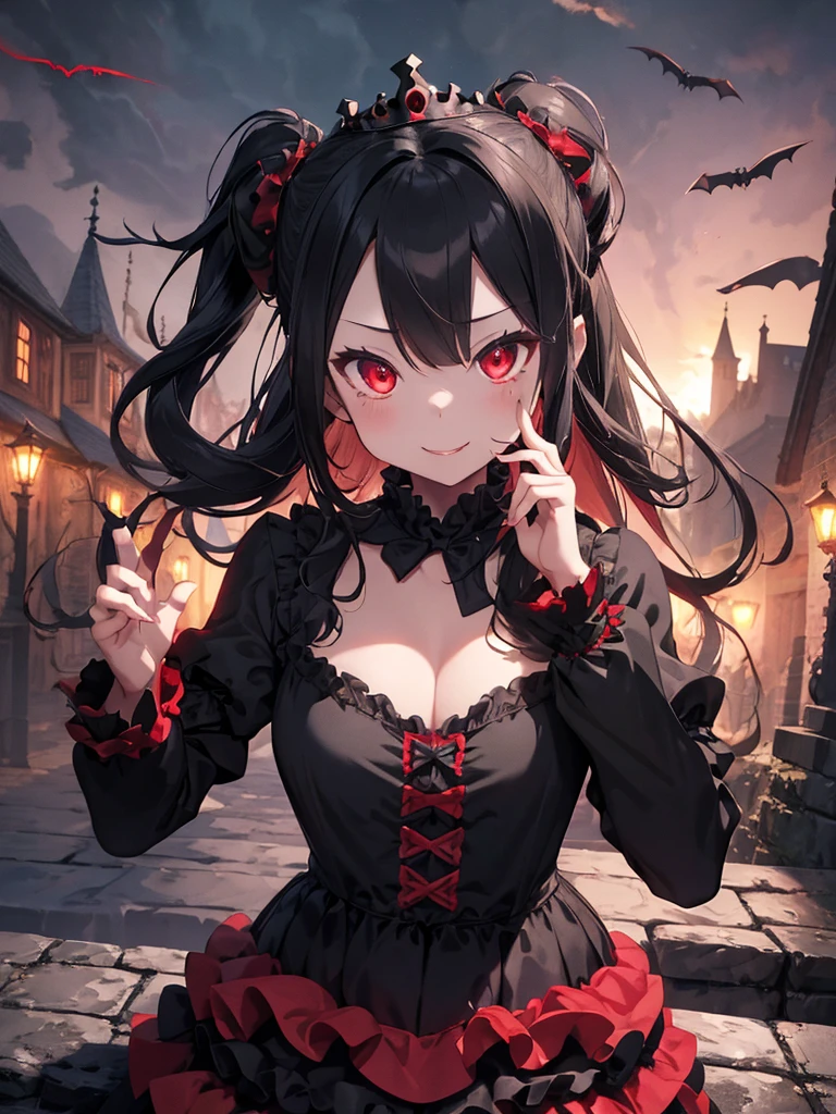One Girl,Fantasy Demon King Black Tiara Black and Red Long Layered Ruffled Dress Long Sleeves,cute,:3,Dracula'background castle、Night Scenery、Flying bats、Inappropriate smile、Finger prick、mummy man、Blowing a Kiss
