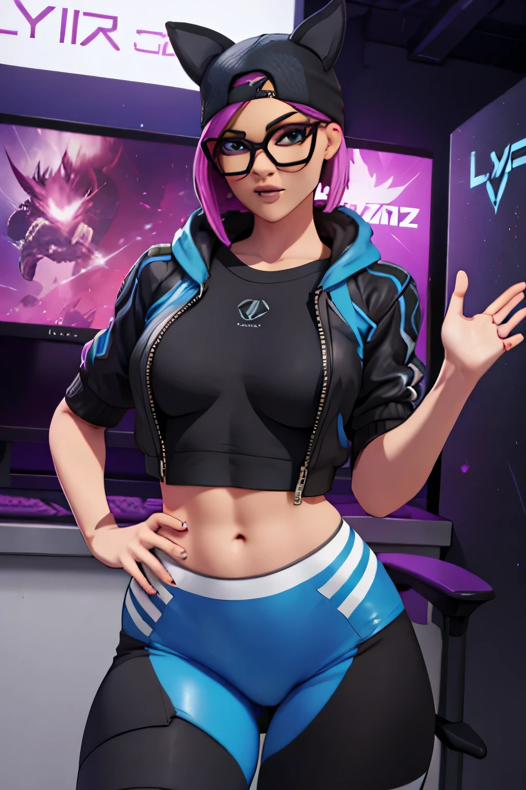 Gaming Zone Lynx Negro con gafas, leggins azul, chaqueta negra