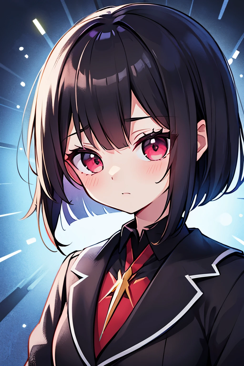 best quality, super fine, 16k, incredibly absurdres, extremely detailed, a flash of lightning, a momentary glimpse of a cute girl with a bob haircut, expressionless, eyes glowing red, a bust-up portrait, dark fantasy, horror, a pitch-black Western-style mansion