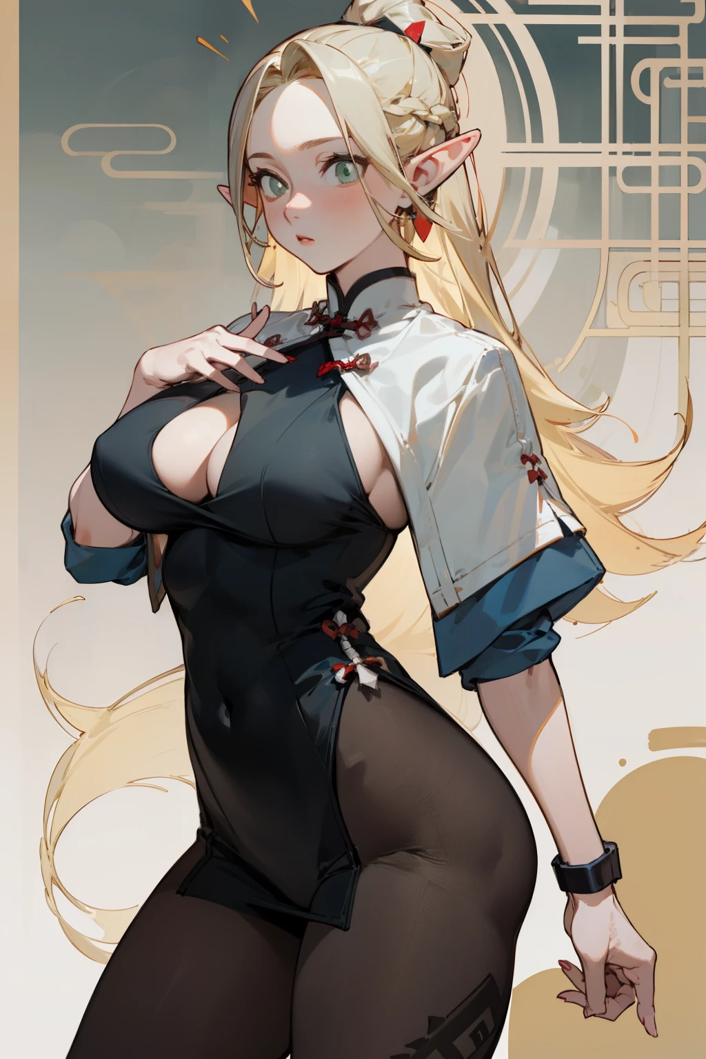 (masterpiece, best quality) detailed, Wearing black tights, silver accessories , Blonde ,elegant, Pointed ears ，Chinese element pattern，thigh，漏出thigh，big breasts