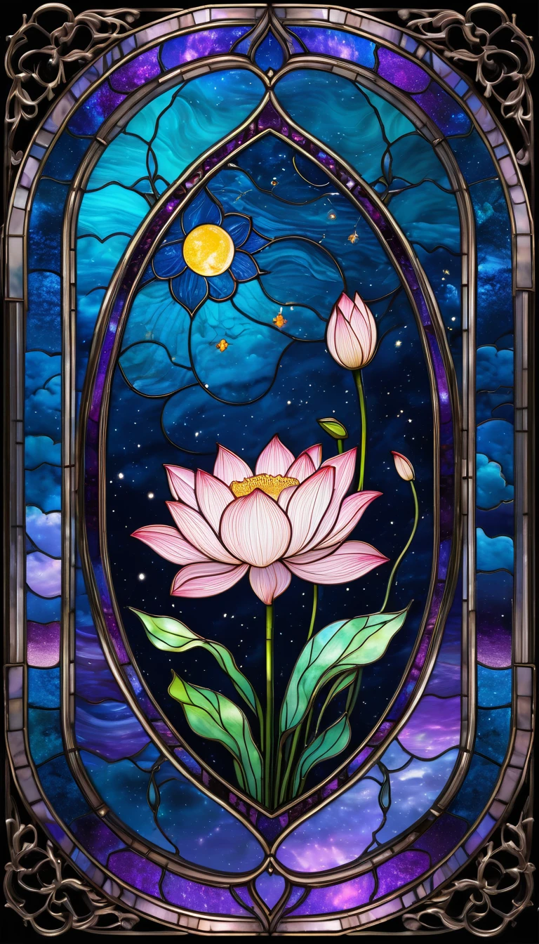 night sky background　Rectangular Gothic Frame　Lotus flower stained glass　Coffin in the center