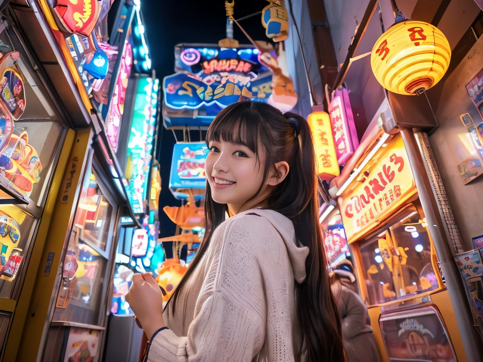 (8K, highest quality, masterpiece, ultra high resolution, super detailed:1.2) , Photo of Pretty Japanese girls,(mikey's ears:1.2),,smile and smile,
, (18-year-old:1.1), japanese idol,In the game center,(((A passageway with crane games on both sides))),Mainly stuffed animal crane games,UFO Catcher,Glittering neon lights,Gashapon