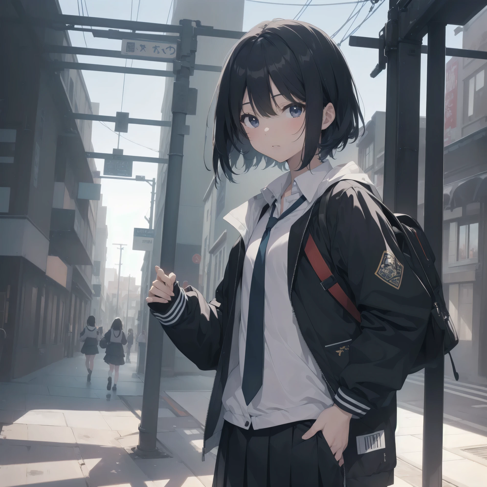 ultra-absurdres-Top quality by artist God, ultra-detailed, high resolution, anime moe artstyle, best anime 8k konachan wallpaper, pixiv contest winner,pool:2810, perfect anatomy,break, 1girl, (Please draw a girl walking sleepily to school alone. )break,(Solo,little female, 13-year-old:1.3),Full limbs, complete fingers,a junior high school student, (very short hair), short cut, flat chest, , small butt, small black eyes, beautiful detailed eyes, well-proportioned iris and pupils, expressive eyes, highres detailed hair, soft expression, school_uniform, official_alternate_costume, pleated skirt,(Detailed Lighting), (Detailed background), in the School commute route. break,super detailed skin, Best cinematic lighting powered by famous artist, 8k,beauty illustration,photoshop_(medium),very aesthetic,break,((artist:kou_hiyoyo )), artist:akinashi yuu ,artist:oyari ashito ,artist:kantoku ,