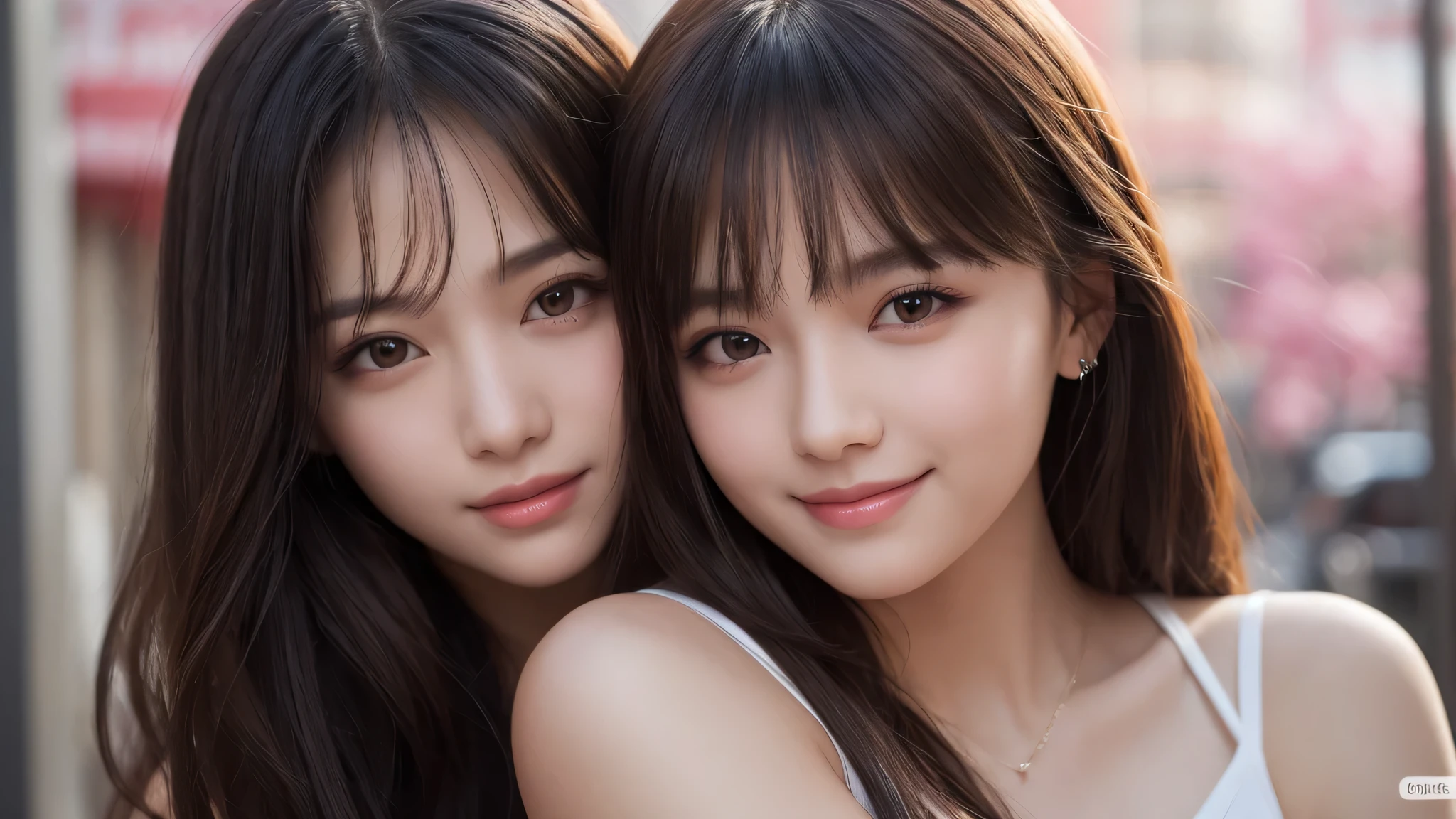 (2girl:1.3), (ultimate beautiful girl), cute face, (smiling), (Best Quality:1.4), (Ultra-detailed), (extremely detailed beautiful face), (highly detailed Beautiful face), (extremely detailed CG unified 8k wallpaper), High-definition raw color photos, Professional Photography, Extremely high resolution, fashionable, Highly detailed, big breasts,