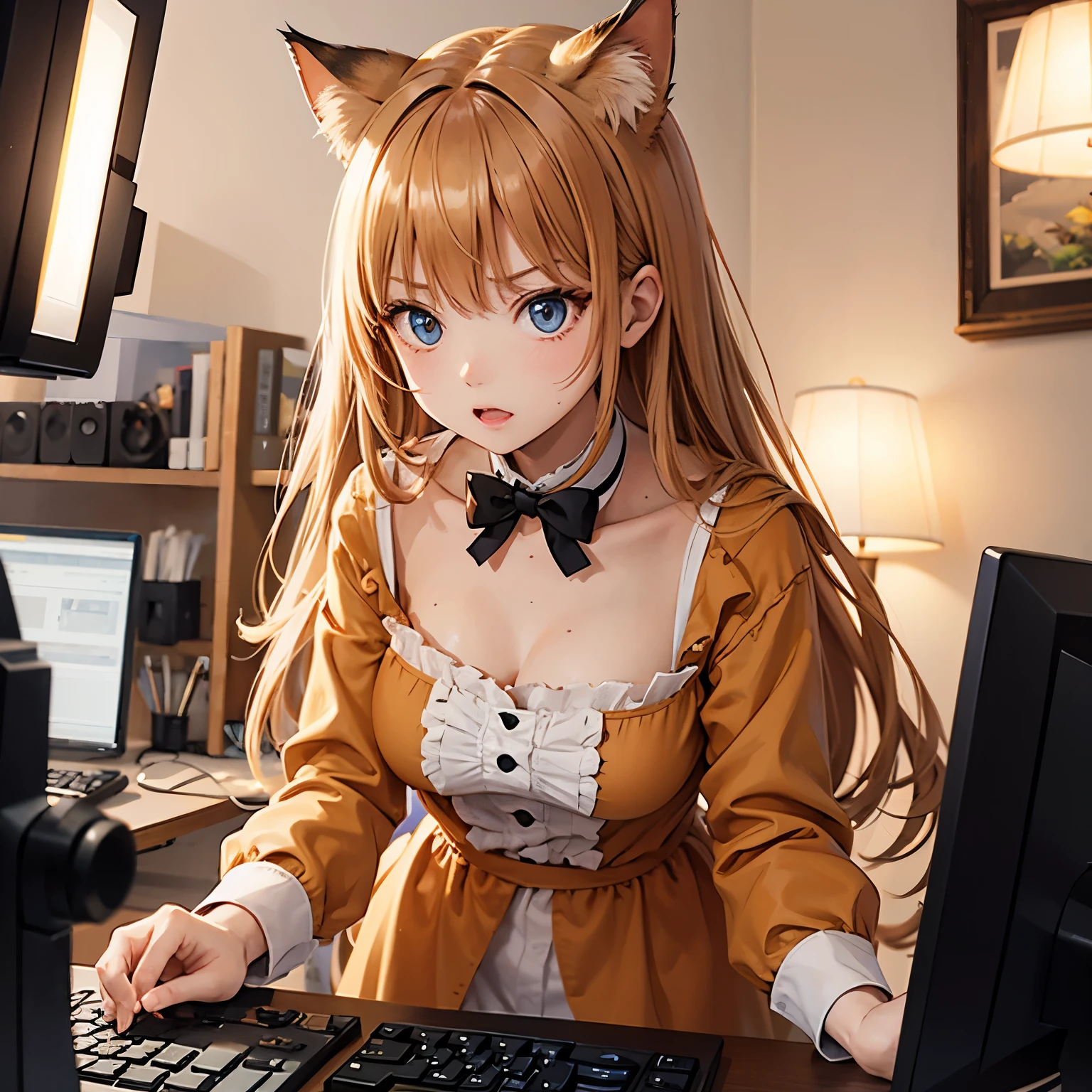 A cat wearing a bright caramel-colored ribbon、Light caramel hair、Light caramel colored eyes、Light caramel colored clothing、Angry、computer