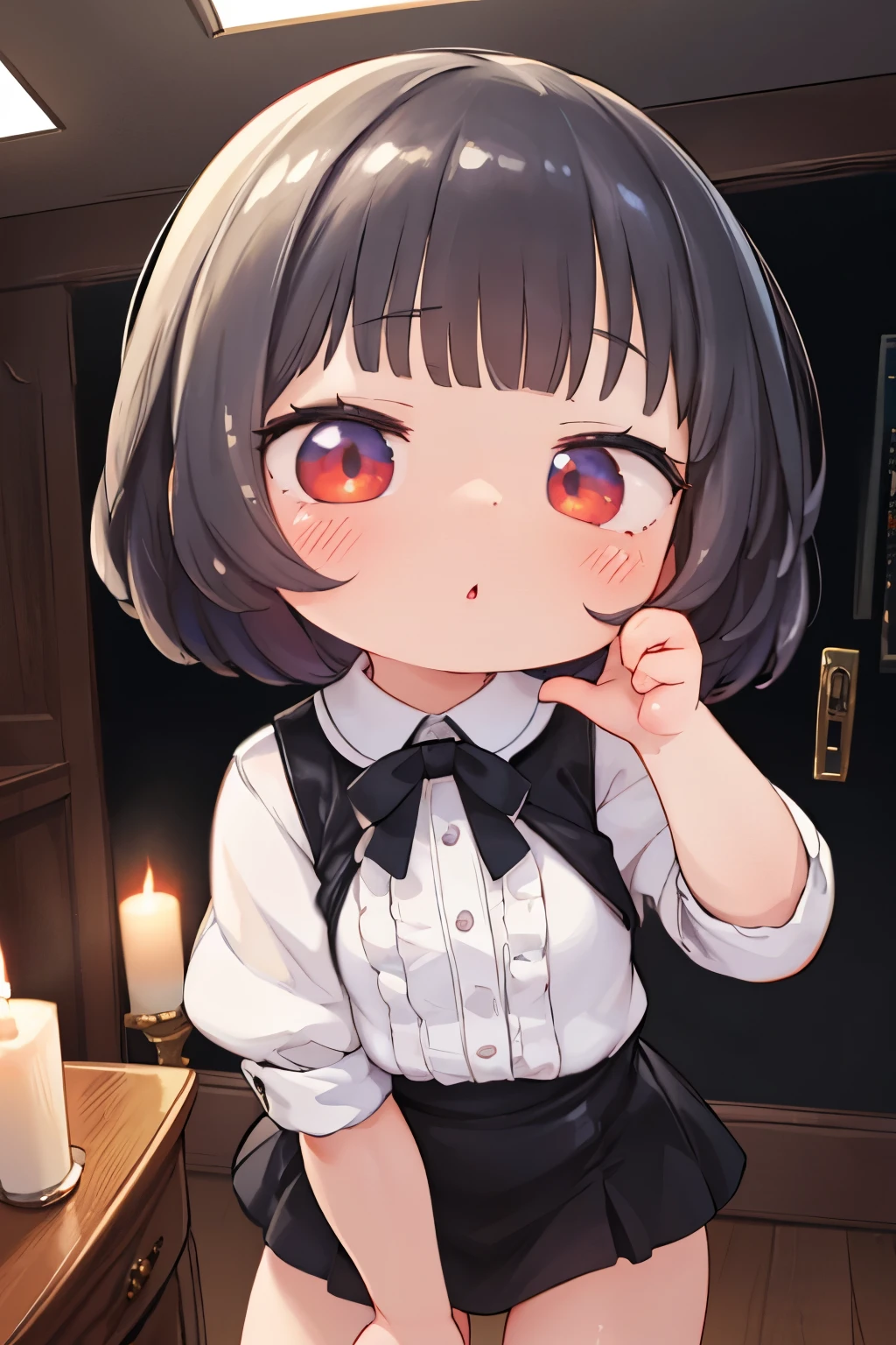 best quality, super fine, 16k, incredibly absurdres, extremely detailed, a flash of lightning, a momentary glimpse of a cute girl with a bob haircut, expressionless, eyes glowing red, a bust-up portrait, dark fantasy, horror, a pitch-black Western-style mansion