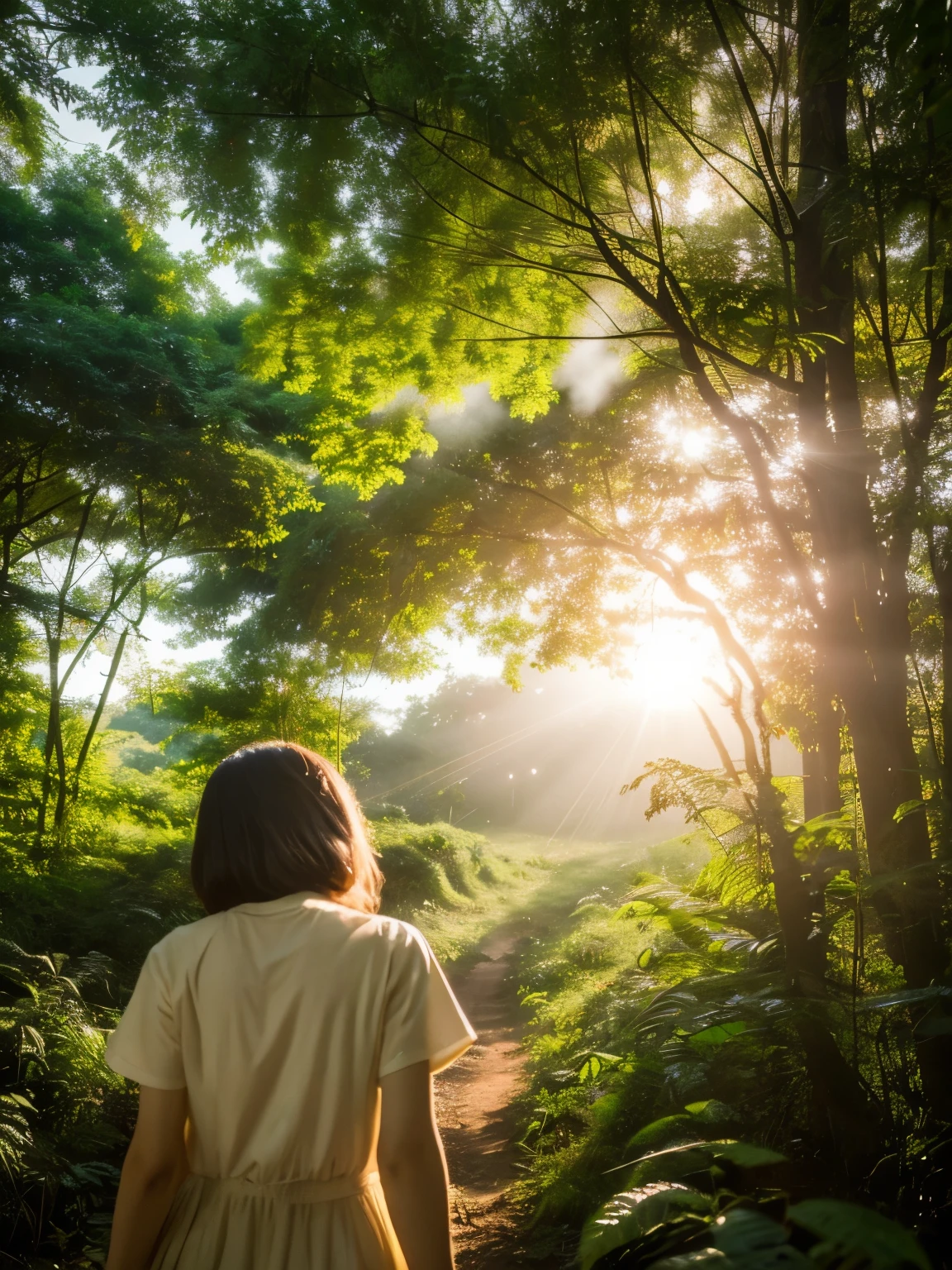 "the adventure of an explorer who finds a plastic milk bottle with the label 'NIO FARM' in the middle of a quiet forest. Sunlight filters through the tree canopy, creating a warm and mystical atmosphere." FULL HD 80K