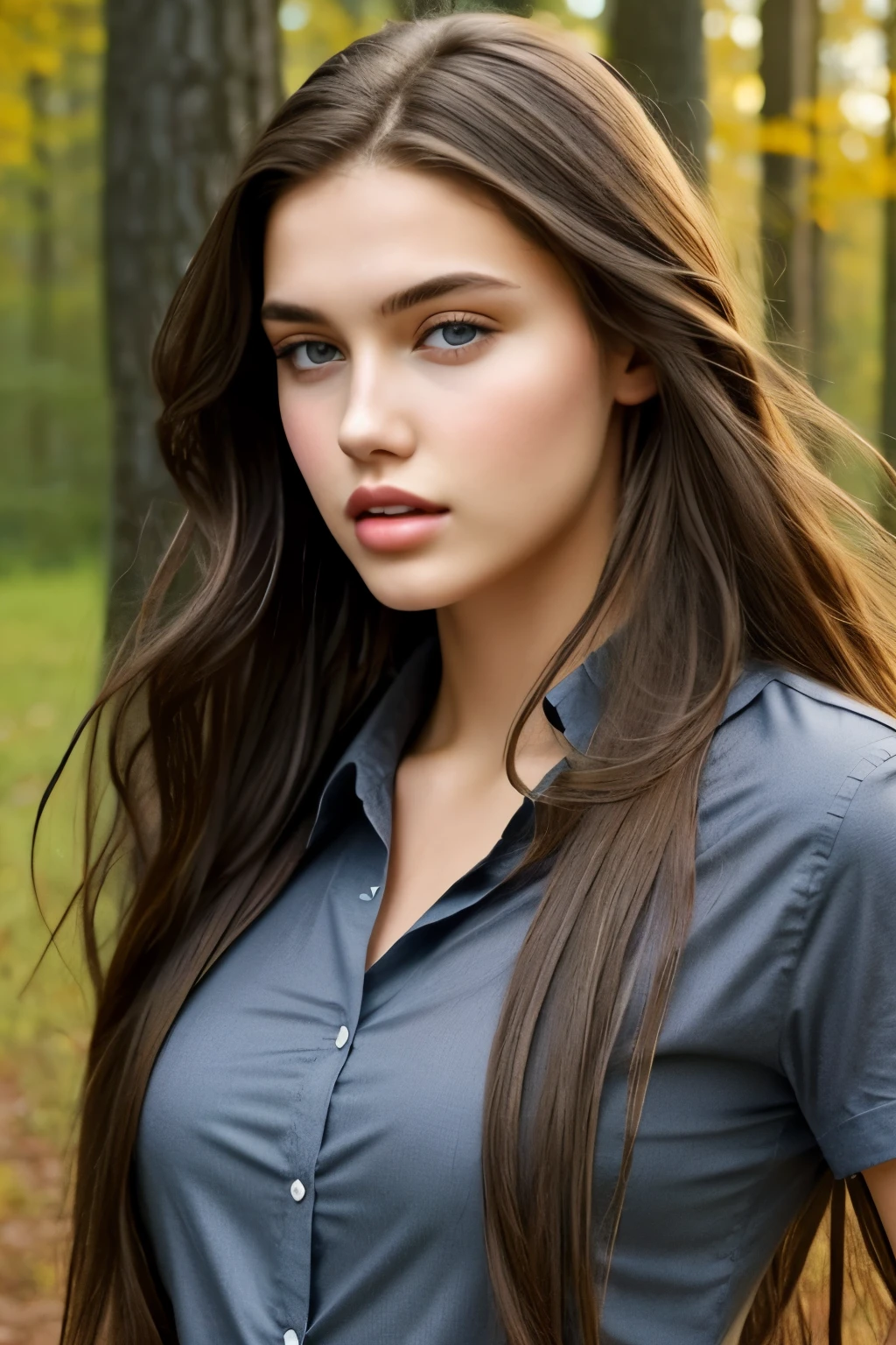 1 Girl, 18 years old, Solo, Model, Long hair, Huge, looking at viewer, full face, brunette, brown eyes, no lipstick, big lips, full body, shirt, outdoors, realistic, AI sexy