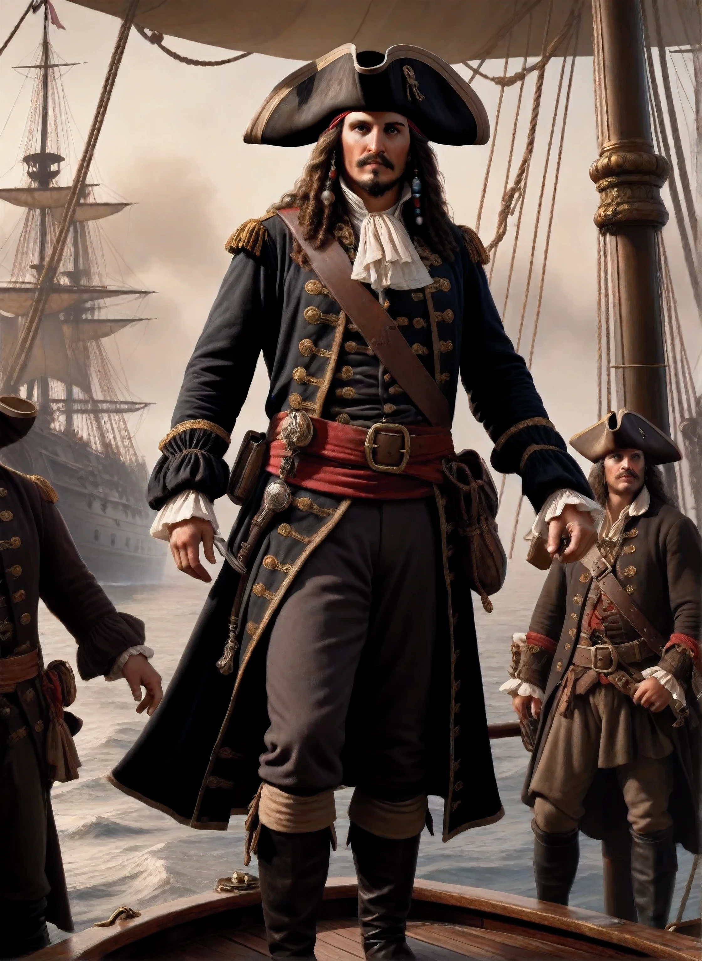 An antique engraving of Olivier Levasseur, a pirate with a piercing gaze and a menacing look, standing on the deck of his ship, surrounded by his acolytes. (highest quality, 4k, masterpiece, stunning details:1.1)