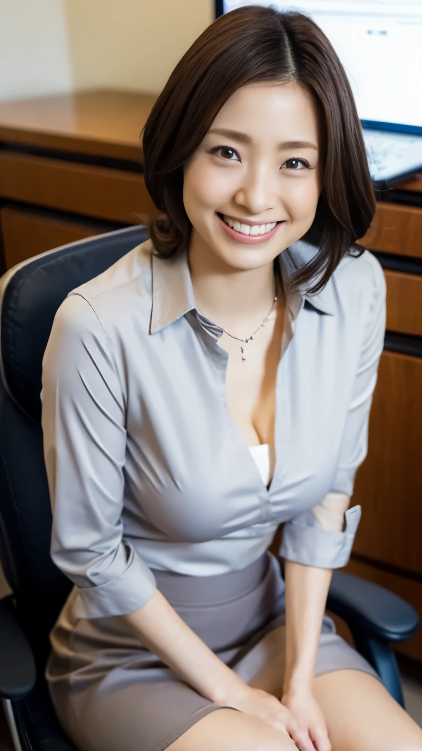 1 Japanese female,OL、office、Mid Shot、Shiny skin,smile、愛らしいsmile、Laughing with your mouth open、officeの服装、Black Hair、Business shirts、Tight shirt、The bust is large、Slightly chubby、Grey tight skirt、mini skirt、Panties、Black Hair、pumps,highest quality,Very delicate and beautiful 8K,Very high resolution,,Beautiful detailed girl,Realistic、officeの中、officeのSit on a chair、Computer Desk、Beautiful appearance、Sit on a chair、Spread your legs、