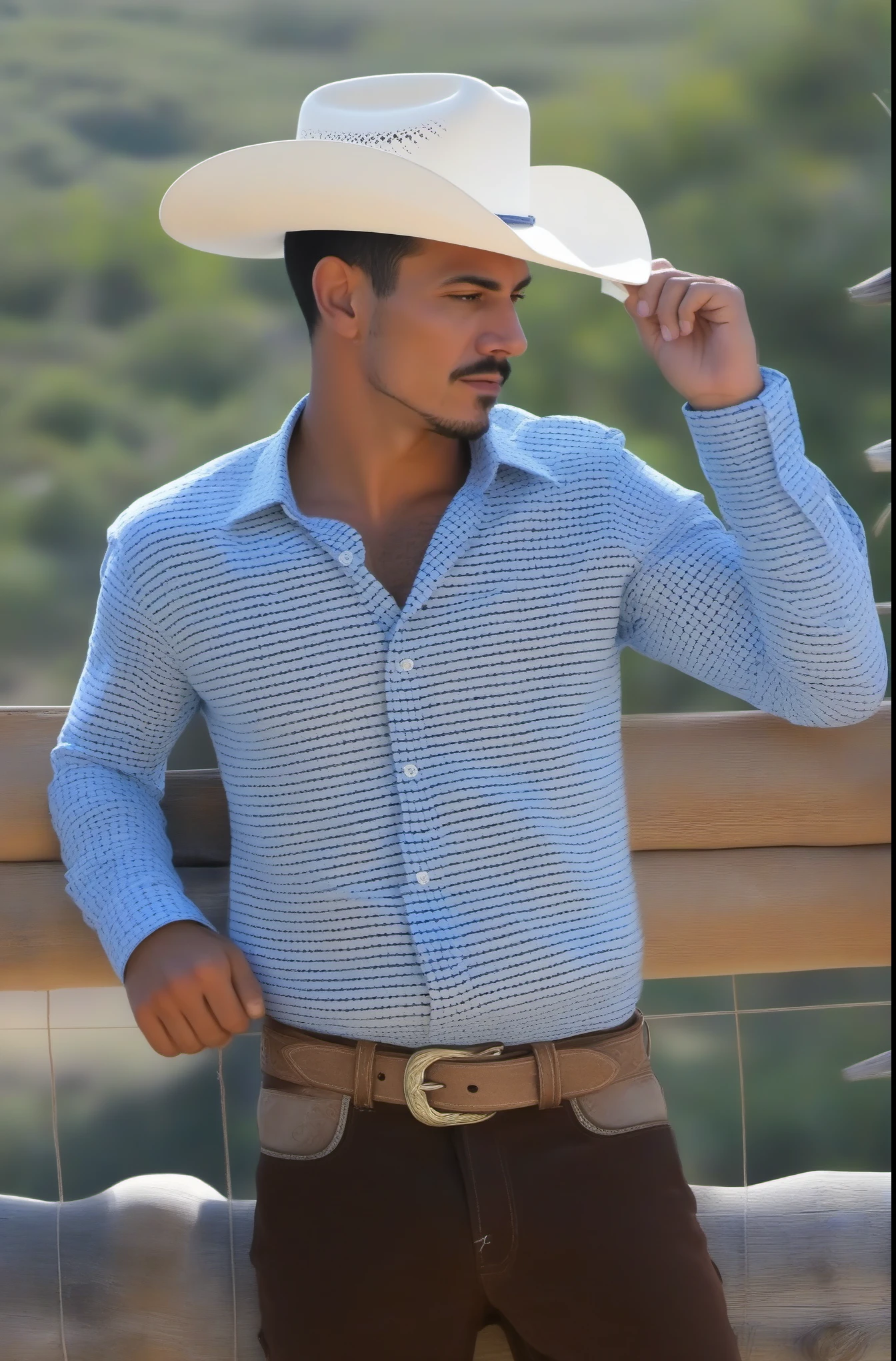 Hombre arafed con sombrero de vaquero apoyado contra una valla, mexican vaquero, ropa occidental, Estilo vaquero, christian orrillo, andres rios, vistiendo una camisa azul claro, vistiendo camisa, james zapata, rustic style, joel torres, en detalle, andrew gonzalez, 👰 🏇 ❌ 🍃, alex miranda, 🤠 usando un 🖥, foto de perfil