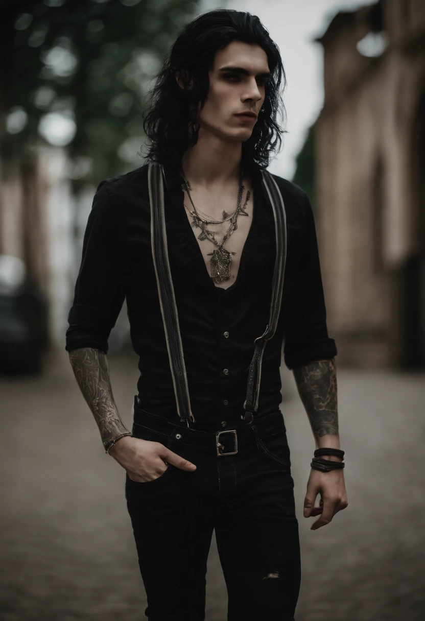 Portrait of a young man in his twenties with an alternative and eccentric style. He is very skinny, has really long black hair, uses white contact lenses, heavy goth make-up, a piercing in his mouth, a lot of occult-themed tattoos and his skin is very white. He is bare-chested, wears ragged black jeans with a black suspender and Converse-style shoes.