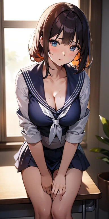 Blue-orange curls are curved inward,,There is a strong sense of freshness and freshness,girl with,((serafuku)), hands on one's face, Elbows on the desk, Sit up, Classroom, sunlights, window, see the beholder, Face in Love, I can see the cleavage:1.2, The finest beige underwear, Best Quality,Ultra-detailed, High resolution, extremely details CG, Unity 8k wallpaper, Caustics, textile shading, super detailed skin, Perfect Anatomy, Detailed, Cinematic lighting, Dynamic lighting, Beautiful detailed eyes, (top-quality), (ultra-detailliert), (masuter piece), (hight resolution), (Original), Character Design, Game CG, Detailed Manga Illustration, Realistic head-to-body size ratio:1.2