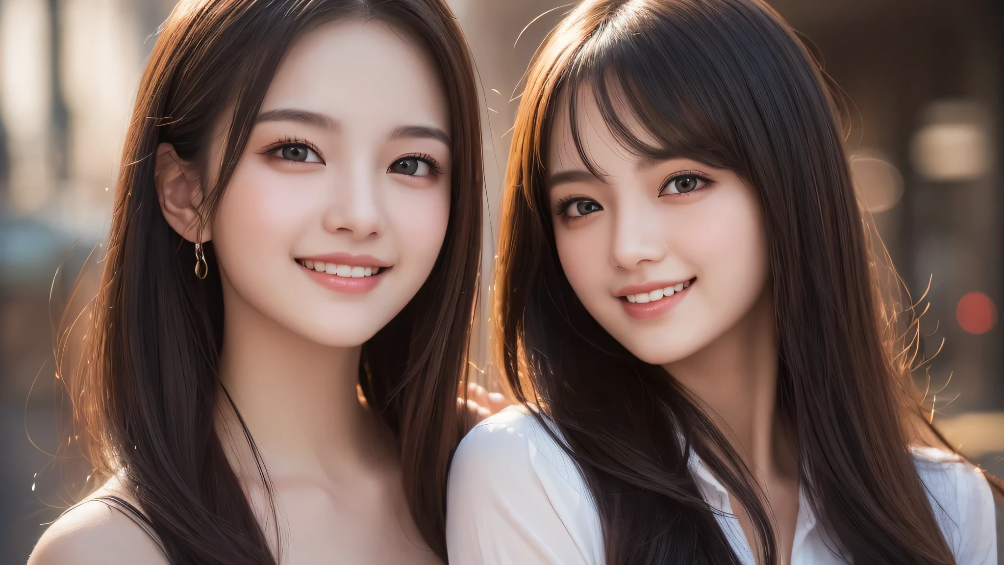 (2girl:1.3), (ultimate beautiful girl), cute face, (smiling), (Best Quality:1.4), (Ultra-detailed), (extremely detailed beautiful face), (highly detailed Beautiful face), (extremely detailed CG unified 8k wallpaper), High-definition raw color photos, Professional Photography, Extremely high resolution, fashionable, Highly detailed, big breasts,