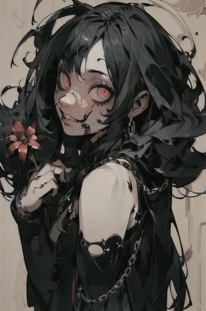 ((Background made up of chains and flowers))、scribble, nightmare, doll-like face, Cartoon style, rough sketch, Horror elements, (masterpiece), (High resolution), (Ultra delicate), (clear), Manga style illustration, (drawing style), Japanese painting, The whole body is scary, (Spooky), Japan sculpture,crazy illustration, Flat illustration, Spookyな外観, Characteristic hairstyle, Unique atmosphere、Small eyes、(Flat Chest), ((muddy hair)),Chains wrapped around the body、(A sewn-together body))、Open your arms,Skin full of stitches,restrained by thick chains、Colorful clown costumes、Bold Pose