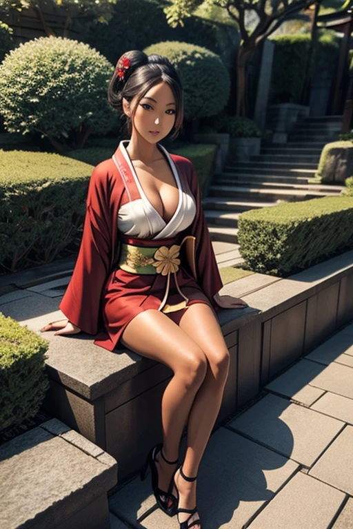 (masterpiece), best quality, expressive eyes, perfect face, (japan garden background), (sitting in garden), (smirk), (1girl, tan skin asian, tan skin geisha, dark skin, tanned skin, bleach blonde hair, geisha hairstyle, green eyes, hourglass figure, skinny body, petite_body, short height, small breasts, long fingernails, exposed cleavage, red kimono, black heels), 