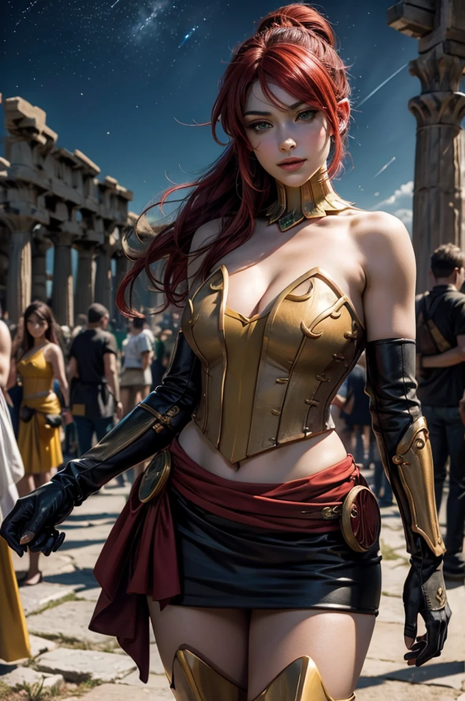 stunning girlfriend, heart shaped face, elegant face, beautiful face, highly detailed face, highly detailed skin, skin pores, subsurface scattering, realistic pupils, full lips, detailed background, depth of field, atmospheric perspective, volumetric lighting, sharp focus, absurdres, realistic proportions, good anatomy, (realistic, hyperrealistic:1.4), 16k hdr, ((best quality)), ((highly detailed)), absurdres, (detailed eyes, deep eyes), (1girl), full body, pyrrha nikos, rwby, red hair, ponytail, green eyes, medium breasts, smiling, circlet, bustier, bare shoulders, skirt, elbow gloves, bracers, armored boots, (outside, night, stars, ancient Greece, Greek architecture, (crowd wearing traditional Greek clothing))