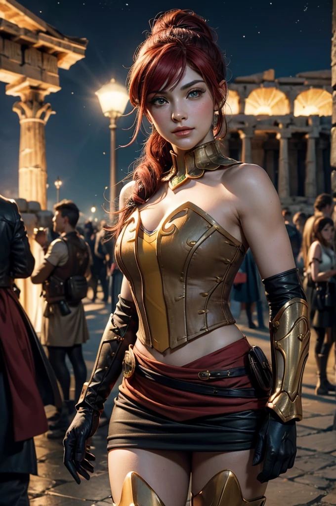 stunning girlfriend, heart shaped face, elegant face, beautiful face, highly detailed face, highly detailed skin, skin pores, subsurface scattering, realistic pupils, full lips, detailed background, depth of field, atmospheric perspective, volumetric lighting, sharp focus, absurdres, realistic proportions, good anatomy, (realistic, hyperrealistic:1.4), 16k hdr, ((best quality)), ((highly detailed)), absurdres, (detailed eyes, deep eyes), (1girl), full body, pyrrha nikos, rwby, red hair, ponytail, green eyes, medium breasts, smiling, circlet, bustier, bare shoulders, skirt, elbow gloves, bracers, armored boots, (outside, night, stars, ancient Greece, Greek architecture, (crowd wearing traditional Greek clothing))