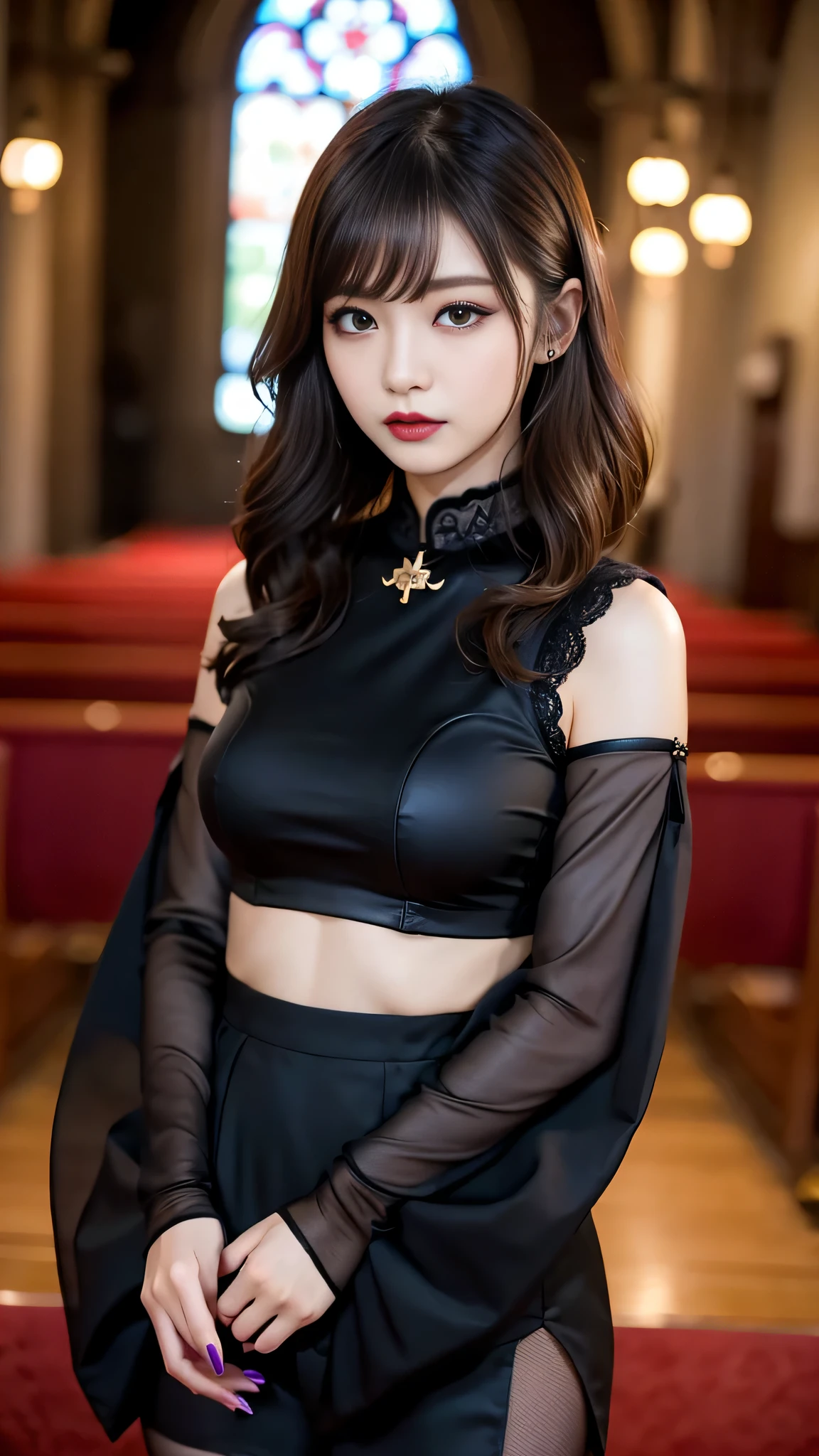 tra-detailed、Japanese、attractive beauty、seductive adult woman、pretty woman、piercing eyes、cool girl、wavy hair、swept bangs、Long Black and Gold Cheongsam、wide sleeves、Evil cadres、evil depravity、brainwash、mind control、lipstick、lip gloss、dark makeup、smirk、whisper in your ear、Evil expression、evil、hollow eyes,half-closed eyes、empty eyes、evil、church at night、vampire、succubus、vampire、Swear allegiance、sexy pose、Off-shoulder、Crop topping、Showing thighs、tempting、seductive