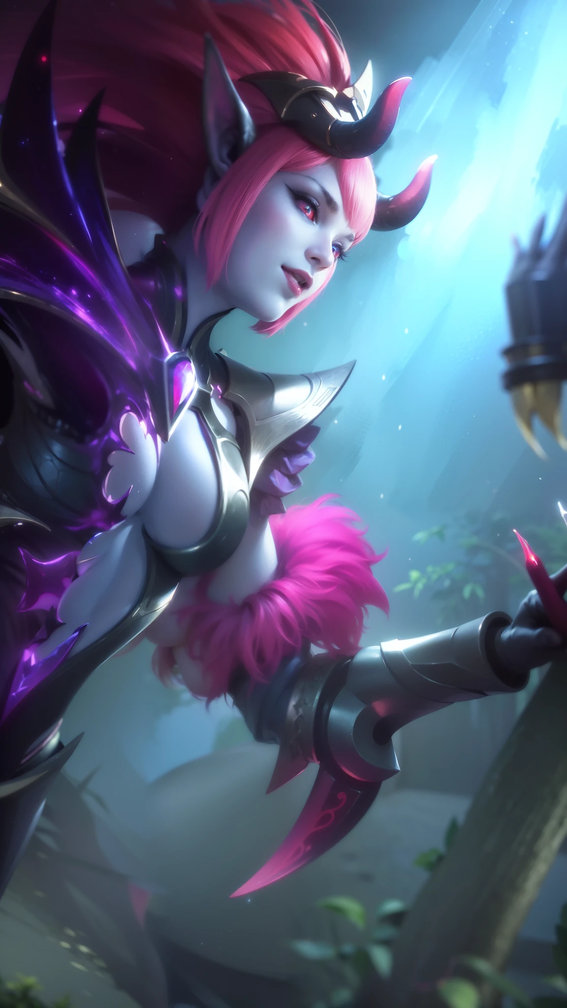 (female:1.2), 8k, ultra hd, ultra detailed texture, hyper realistic, masterpiece, detailed texture, detailed face, detailed skin, detailed lighting, (photorealistic:1.5), best quality, beautiful lighting, cinematic lighting, professional lighting, ultra highres, realistic, detailed hair, real hair, high quality, (realskin:1.5), extremely detailed, finely detail, ultra-detailed, 1girl, solo, elf, pointy ears, standing, demon horns, forehead protector, (red eyes:1.5), v-shapped eyebrow, lips, red lips, evil smile, nose, make up, pretty, beautiful, cute face, long hair, blue hair, high ponytail, large breasts, cleavage, armpit, navel, stomach, black armor, pauldrons, bare shoulders, shoulder armor, thigh high, sleevless, detached sleeves, breastplate, gauntlets, karina \(mobile legends\), depth of field, looking aways, white skin, skin tight, amazing pose, outdoors, glowing, dark view, elf ears.