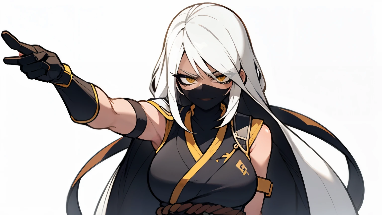 (best quality,highres),tall woman with a big bust smiling towards the camera, removing a black mask with her white hair and yellow eyes, dressed in a white ninja costume with blood stains, holding a gun crying
