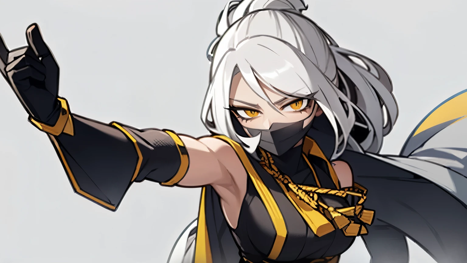 (best quality,highres),tall woman with a big bust smiling towards the camera, removing a black mask with her white hair and yellow eyes, dressed in a white ninja costume with blood stains, holding a gun crying