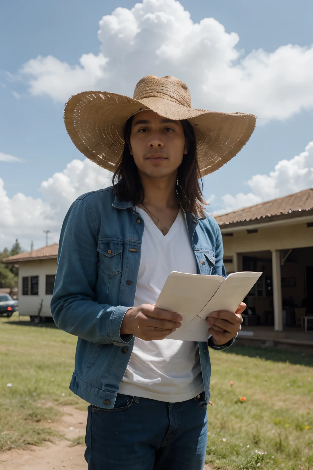 hombre colombiano con sombrero y chaleco azul revisando papeles en medio de una pradera con cielo despejado