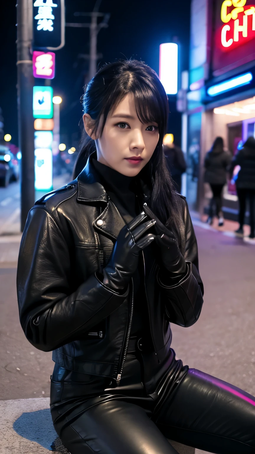 black leather rider jacket, office in the dark, Fingertips of black leather gloves on both hands,wearing black leather gloves,sitting in a black leather chair、 Japanese female new employee (black leather gloves cover both hands) (The angle is horizontal)、black leather leather pants,black leather black leather pants,black leather skinny pants、Long black leather boots on both feet、black hair ponytail ((He wears black leather gloves on his hands))Full Body Photo,full body shot full body full body leather suit,☺If you turn in this direction。wearing black leather gloves,wearing black leather gloves,wearing black leather gloves,wearing black leather gloves,wearing black leather gloves,wearing black leather gloves,黒のレザーパンツが美しい😍黒のレザーパンツが美しい😍黒のレザーパンツが美しい,😍I&#39;m smiling while looking at you,City lights、((Neon Cyberpunk City Street:1.3))、(Neon Light)、Detailed lighting、

Best image quality、Ultra-high resolution、(realism:1.4)、korean beauty star、The most beautiful KPOP stars、face、horny korean makeup、A body that makes you want to touch it、Realistic leather texture、Costume made of smooth leather fabric、The drape of the curved parts of the leather fabric、The costume has a strong shine、costume quality、8K Photo Quality