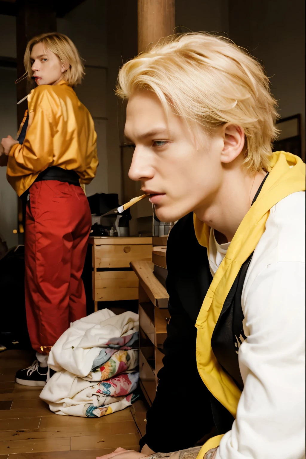 blond haired man with cigarette in mouth sitting on the floor, still from a live action movie, with yellow cloths, blonde boy with yellow eyes, johan liebert, xqc, jamie campbell bower, sanji, young blonde boy fantasy thief, keisuke goto, japanese live-action movie, key still, jjba, johan liebert mixed with dante