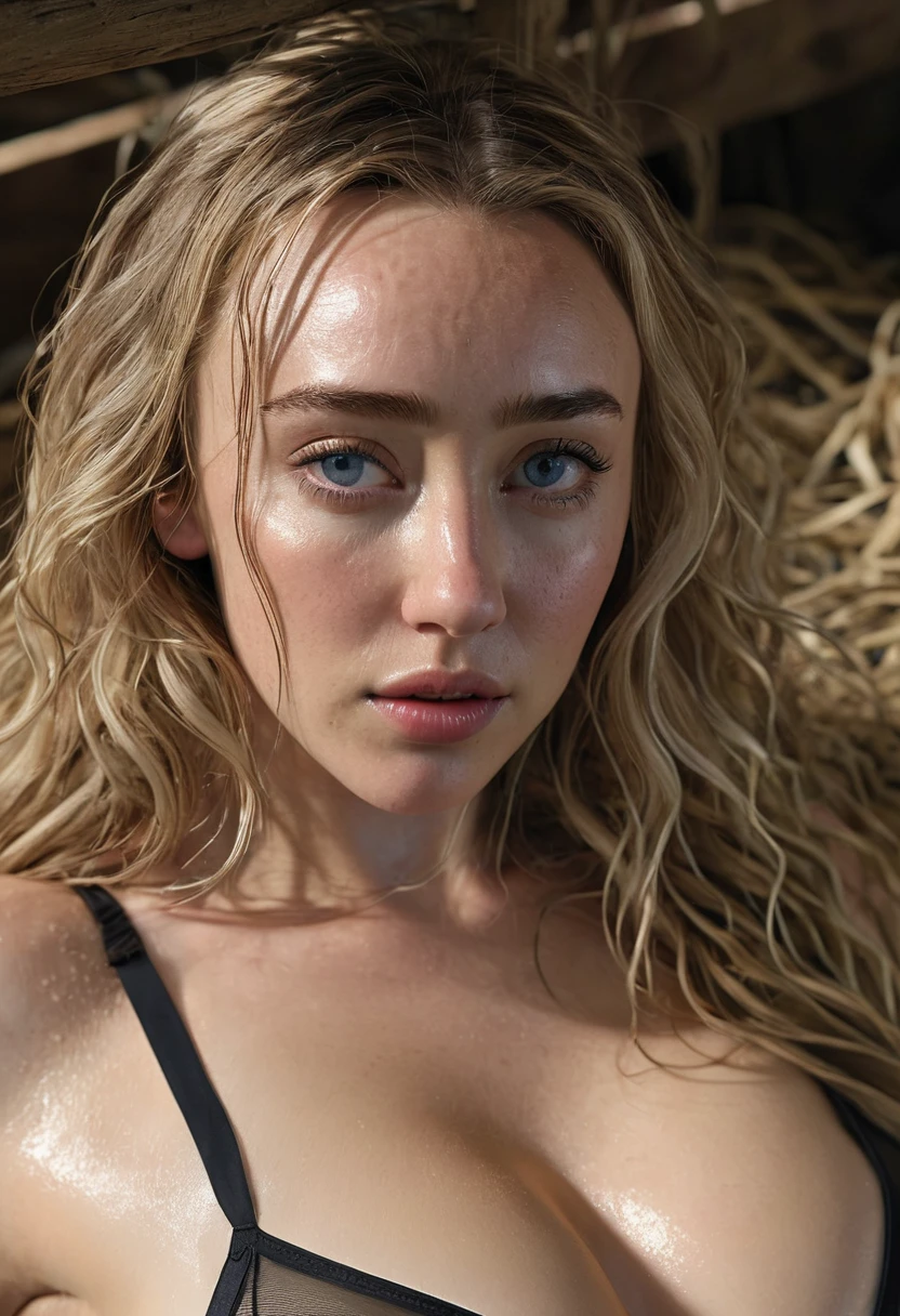 (masterpiece, Best Quality), 32K HDR, High resolution, Solo, 1girl in, (Alycia Debnam, ultra-realistic portrait of her), Blonde hair, Long hair, (sheer swim suit:1.3, Show me her shaved armpits), huge , huge cleavage, huge , huge breasts, (lay down, bed, Abandoned hut:1.1, farms:1.1, Dark atmosphere, Dark room, At night), Detailed eyes, Detailed skin texture, Detailed face,
