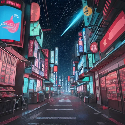 Japan，street，Not a single person，Cyberpunk color scheme，Glowing cards，Neon，Starry Sky，meteor