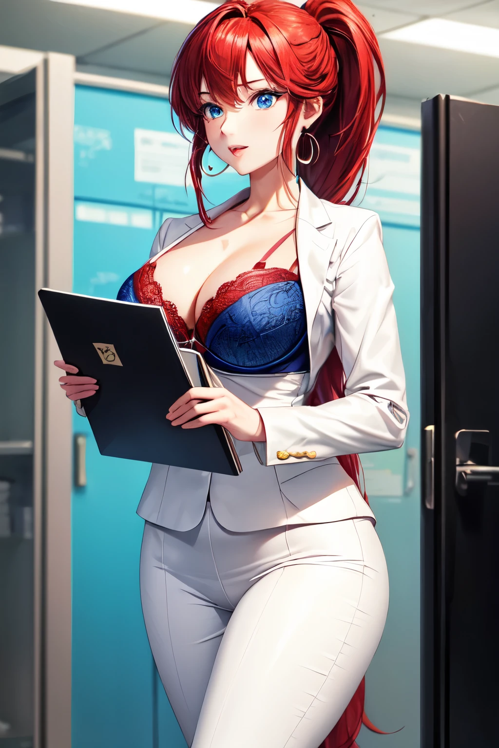 a woman with blue eyes, white skin, red hair with a ponytail, two large round earrings, wearing a white secretary suit. with red bra with flaps. She is holding a black folder.