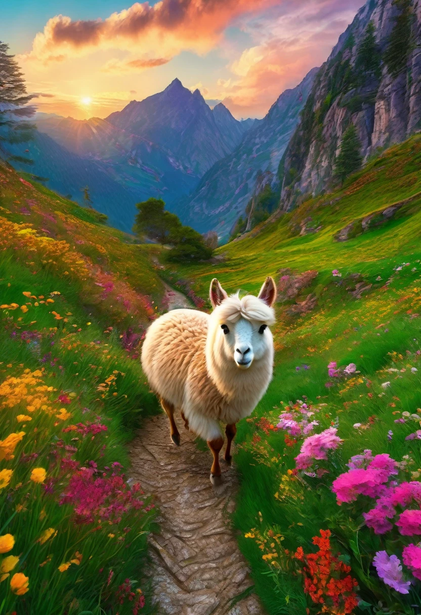 An Alpaca, aesthetic, (best quality,4k,8k,highres,masterpiece:1.2),ultra-detailed,(realistic,photorealistic,photo-realistic:1.37),alpaca,random actions,expressive face,dynamic body,playful interactions,natural environment,vibrant colors,soft lighting,adventurous spirit,curious exploration,gentle temperament,woolly coat,majestic presence,funny poses,whimsical expressions,mischievous behavior,peaceful scenery,grassy meadow,rolling hills,colorful flowers,blue skies,childlike innocence,joyful energy,creative imagination,unexpected surprises,endearing charm,fascinating movement,furry friend,memorable moments,rustic charm,lively atmosphere,delightful encounters,harmony with nature,simple pleasures,happy-go-lucky attitude,playful companionship,jovial spirit,captivating personality,heartwarming interactions,enchanting sight