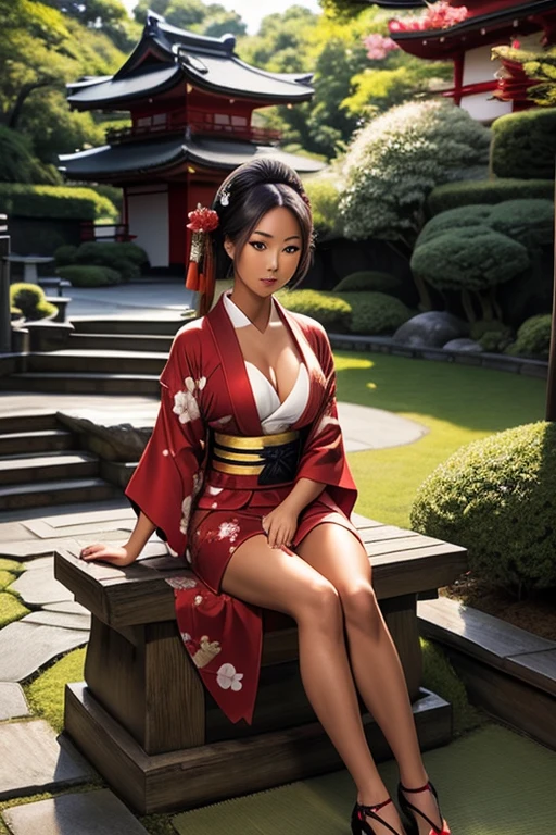 (masterpiece), best quality, expressive eyes, perfect face, (japan garden background), (sitting in garden), (smirk), (1girl, tan skin asian, tan skin geisha, dark skin, tanned skin, bleach blonde hair, geisha hairstyle, green eyes, hourglass figure, skinny body, petite_body, short height, small breasts, long fingernails, exposed cleavage, red kimono, black heels), 